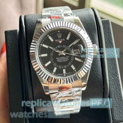 Copy Rolex Sky-Dweller Watches 316L Stainless Steel Black Dial with 2nd time zone